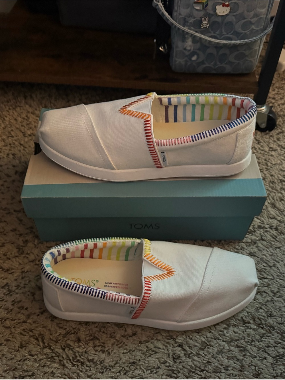 TOMS MENS White Slip-On Shoes with Rainbow Trim